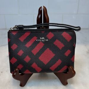 Coach Wristlet Bag Purse Wild Plaid Saffiano Leather Corner Zip Wallet Pouch